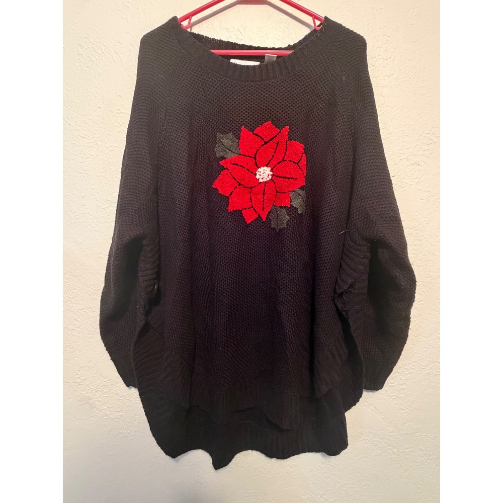 Potpourri Black Poinsettia Floral Knit Sweater Batwing Sleeve Christmas 1X